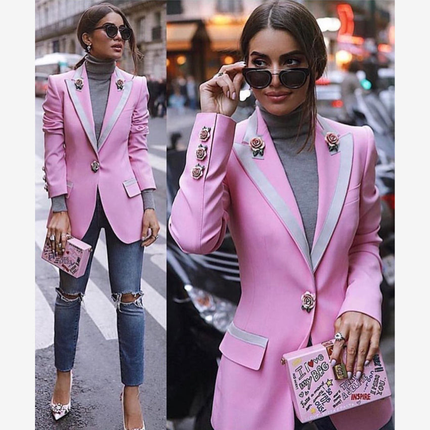 HIGH STREET Newest Fashion Designer Blazer Women's Long Sleeve Floral Lining Rose Buttons Pink Blazer Outer Jacket