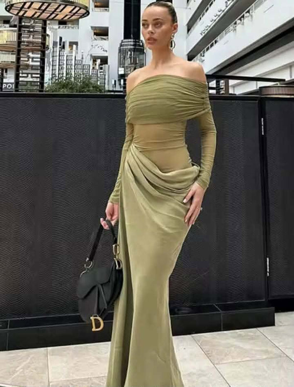 Sexy Dress Women 2025 Spring Patchwork Mesh Elegant Slash Neck Ruched Fit Chic Birthday Party Festival Vacation Vestidos