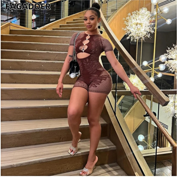 Summer Thickening Lace Hollow Out Bodycon Rompers Women Round Neck Short Sleeve Slim Jumpsuits Fashion Female Overalls