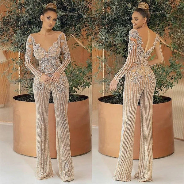 Champagne Glitter Jumpsuit Evening Dresses Luxury Crystal Sequins Long Sleeves Prom Gowns Custom Made Fashion Formal Party