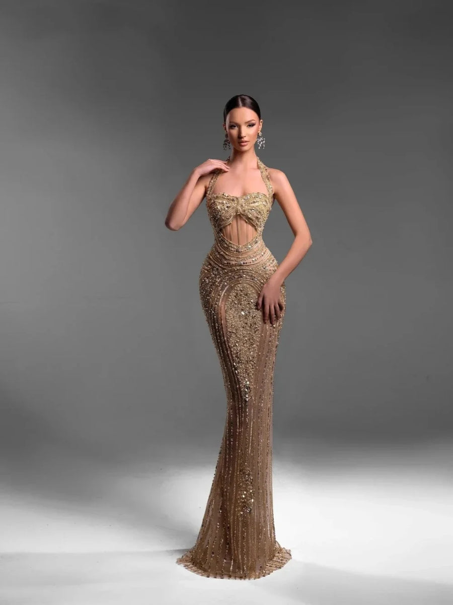 Modern Halter Sequined Evening Dresses Customized Sexy Beading Pearls Sleeveless Prom Dress Floral Floor Length Party Gown