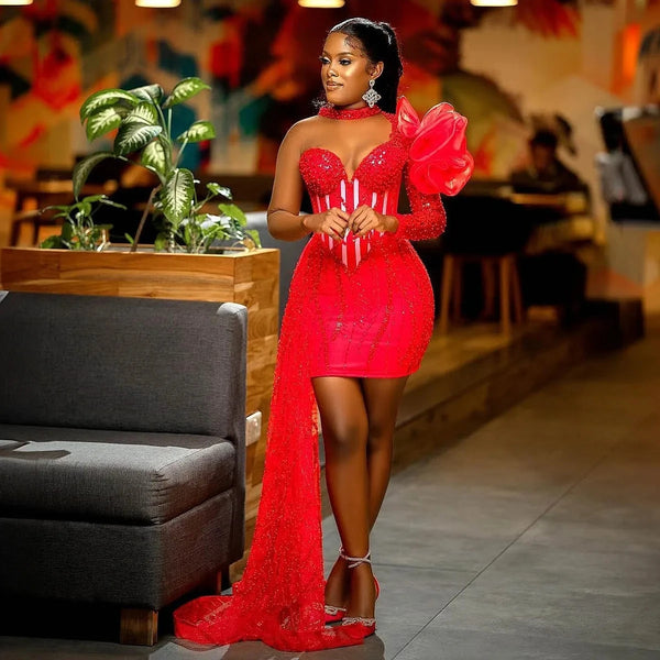 Red Prom Dresses Women Birthday Party Dress with Overlay Off The Shoulder Sequin Sleeve Bead Prom Gowns Applique African