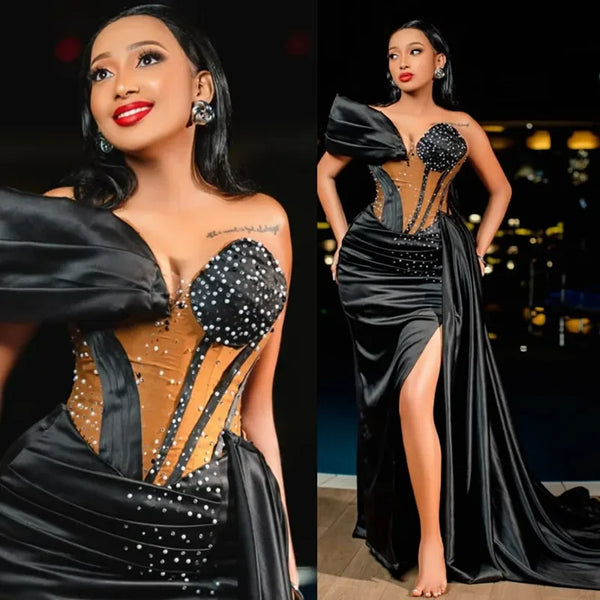 Customized Luxury Aso Ebi Ball Dress Mermaid Sexy Sweetheart Crystal Side Split Reception African Women Formal New Evening Dress