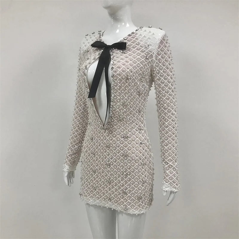 Luxury White Pearls Bow Women Prom Dress Full Sleeves Party Gown Skirt Short Mini Sheath Evening Gown Hot Girl Formal Robe