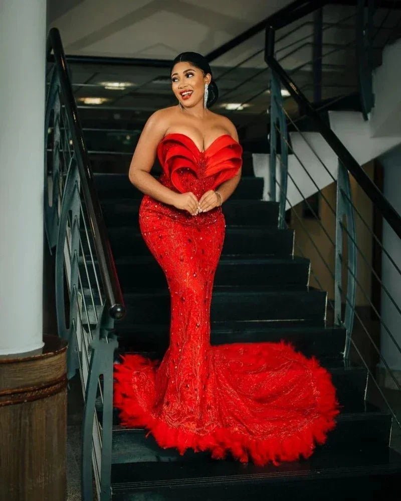 Luxury Aso Ebi Mermaid Lace Beaded Feather Party Evening Dress Sexy V-neck Off the Shoulder Formal Occasion Evening Dress Custom