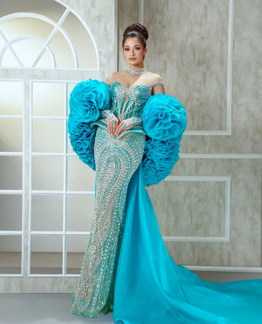 Elegant Blue Floral Sleeve Shawl Luxury Satin Oversized Flower Design, Wedding Party Accessory, Evening Gown Decor, Bridal Prom