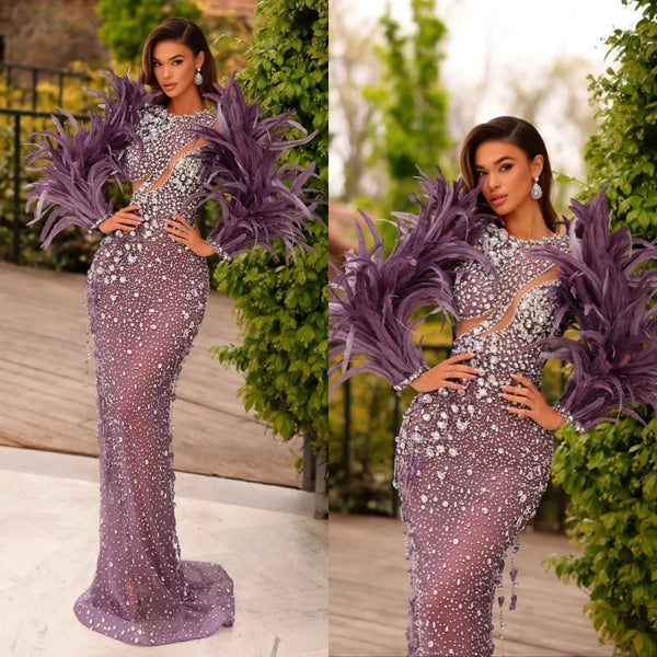 Gorgeous O Neck Prom Dresses Elegant Crystal Beaded Long Sleeve Evening Dress Floor Length Feather Party Gown Customized
