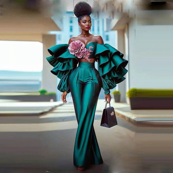 Two Pieces Evening Dresses With 3D Flowers Ruffles Off Shoulder Long Sleeves Aso Ebi Prom Dress Women Sets vestidos de fiesta