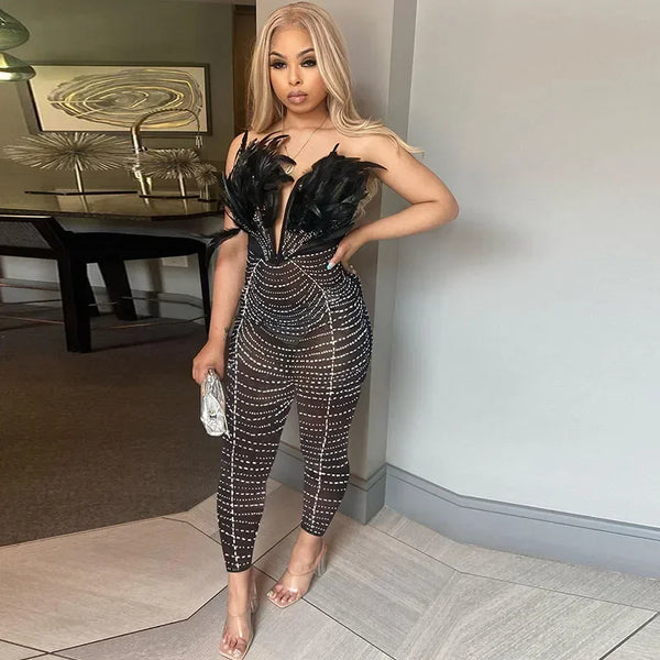 Sexy Black Rhinestones Jumpsuit for Woman Luxury Evening Party Nightclub Romper Feathers Strapless Mesh See Through Overalls