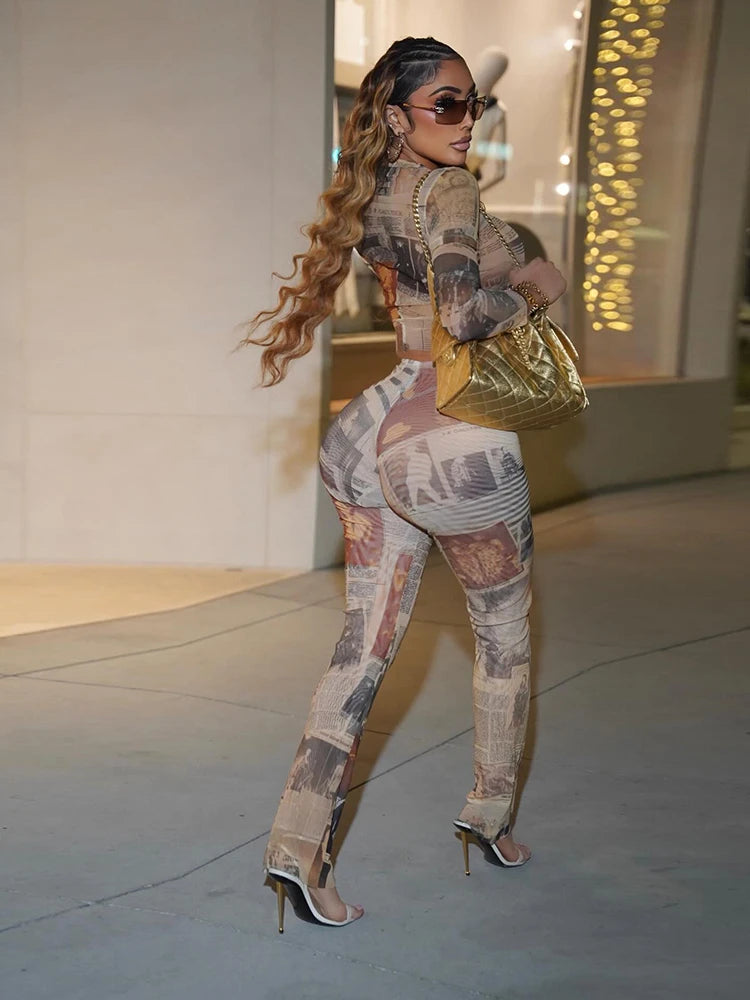 Sexy See Through 2 Piece Set Woman Colorful Print o-Neck Full Sleeve Crop Tops+Skinny Peach Hip Long Pants Art Style Suits