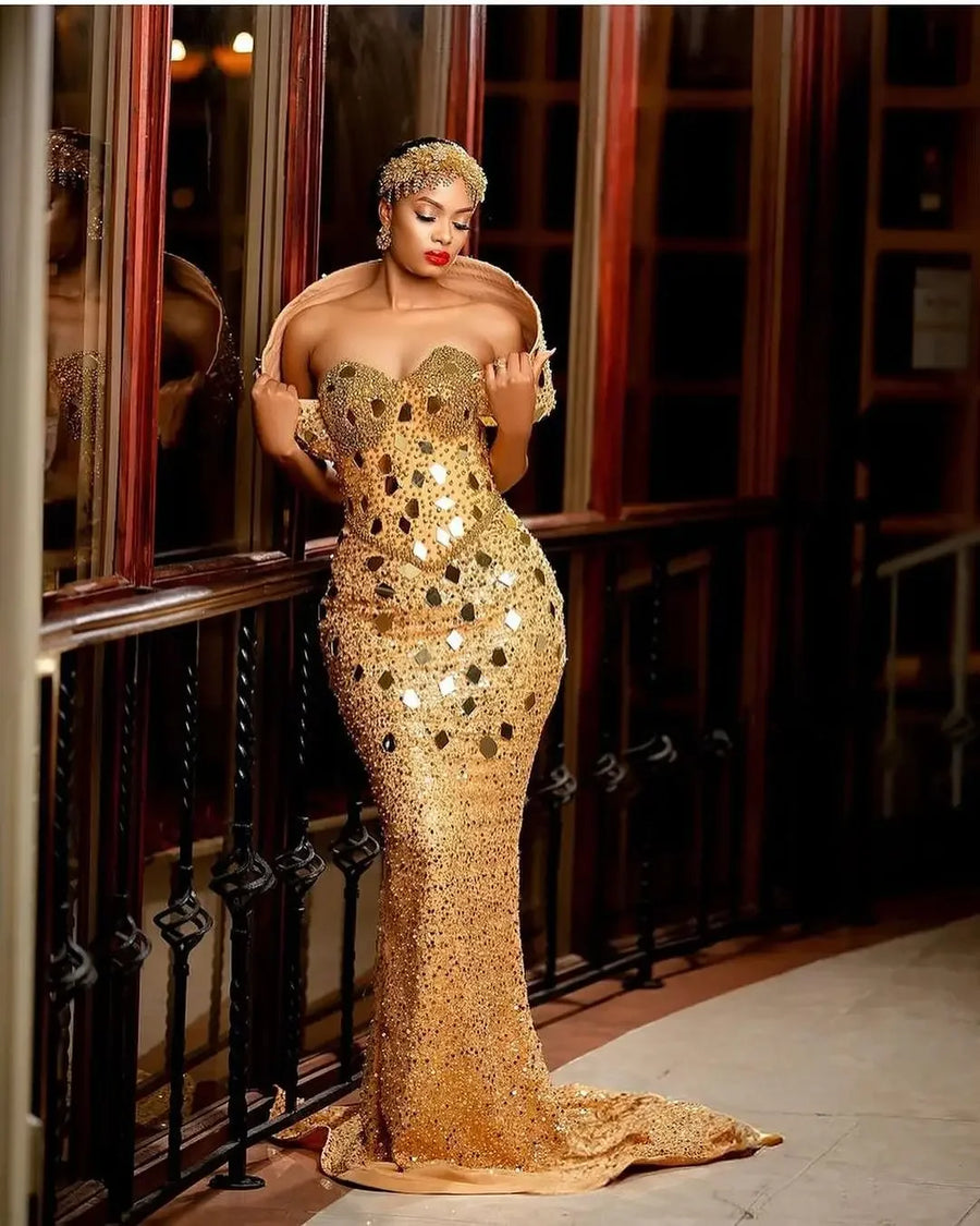 Aso Ebi Style Wedding Party Dress 3D Cap Shoulder Gold African Formal Occasion Dress  Luxury Beaded Crystals Mermaid Prom Dress