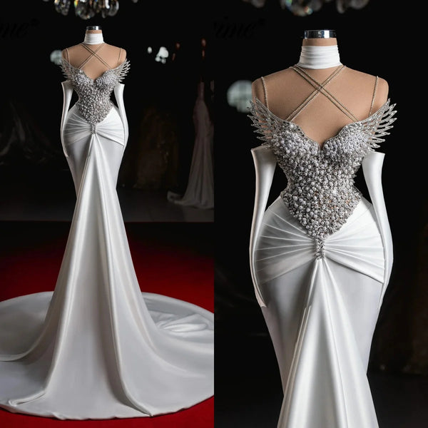 Vintage Pearls Wedding Dress Sleeveless Sequins Long Sleeve Bridal Dress Customized Beaded Sweep Train vestidos de novia