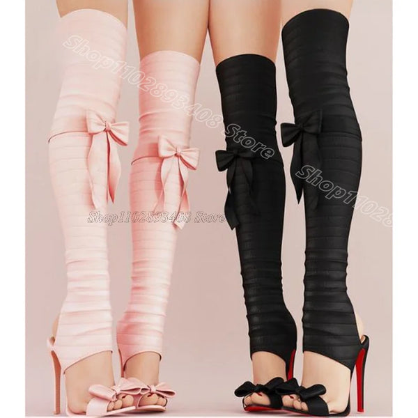 Pink Bowknot Decor Sandal Boots Open Toe Solid Pleated Slingback Sweet Style for Women Elegant Boots 2025 Zapatos Para Mujere