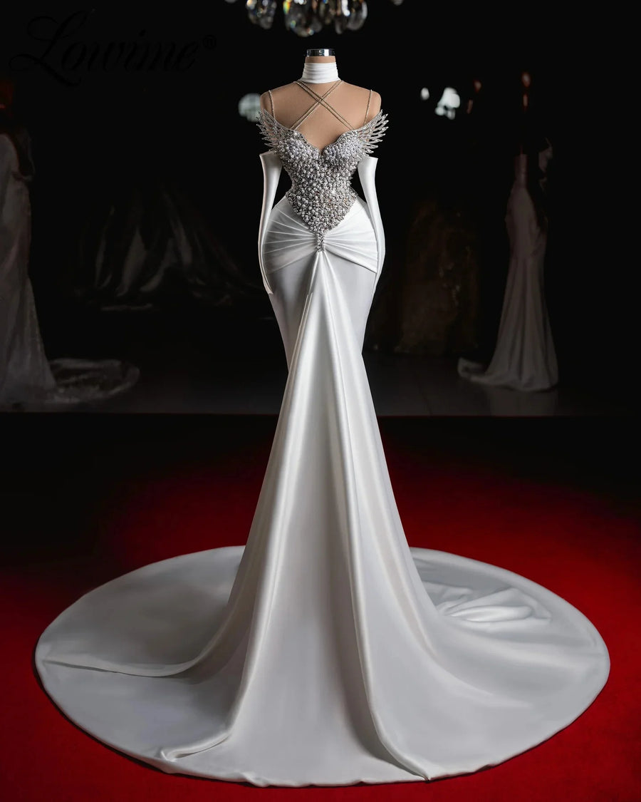 Vintage Pearls Wedding Dress Sleeveless Sequins Long Sleeve Bridal Dress Customized Beaded Sweep Train vestidos de novia