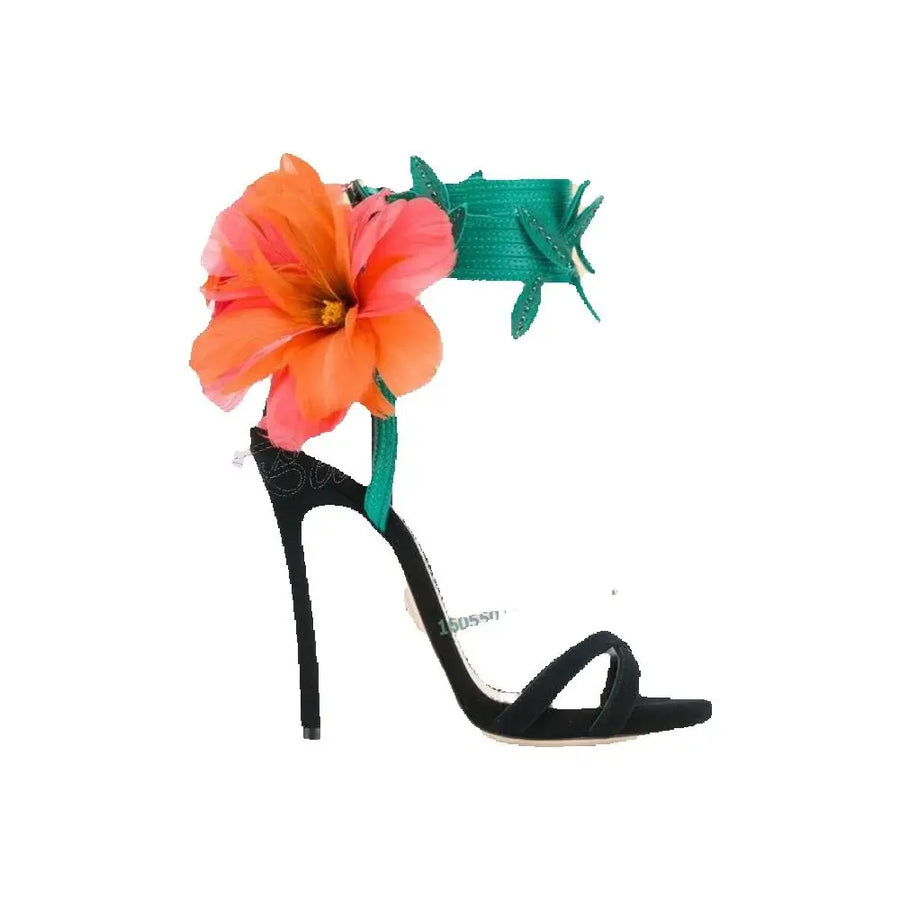 Yellow Big Flower Decor Sandals Mixed Color Heels Round Toe High Shoes Thin High Heel Shoes for Women 2025 Zapatos Para Mujere