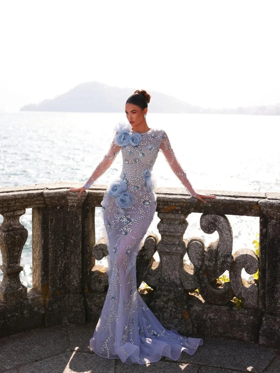 Luxury Floral Appliques Evening Dresses Customized Sexy Crystal Beaded Long Sleeve Prom Dress See Through O Neck Party Gown