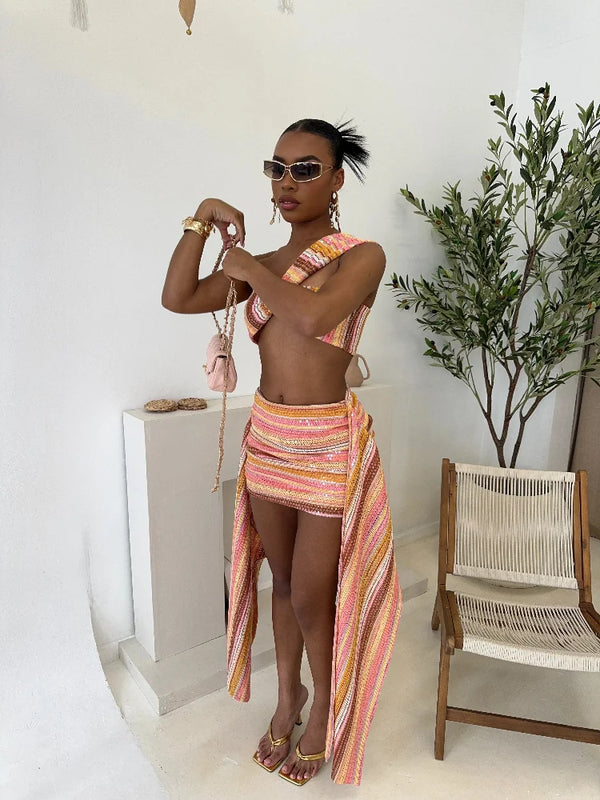 Sexy Beach Colorful Skirt Women Set Knit Sequin One Shoulder Crop Top Draped Mini Skirts Slim Bodycon 2 Pieces Sets Lady Outfits