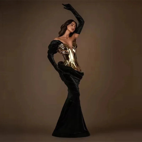 Prom Dresses With Gloves Gold Black Velvet Sweetheart V Neck Long Formal Evening Birthday Party Gowns