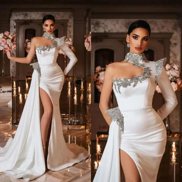 Vintage One Shoulder Satin Wedding Dress Sexy Crystal Appliques Bridal Dress Side Train High Slit Customized vestidos de novia