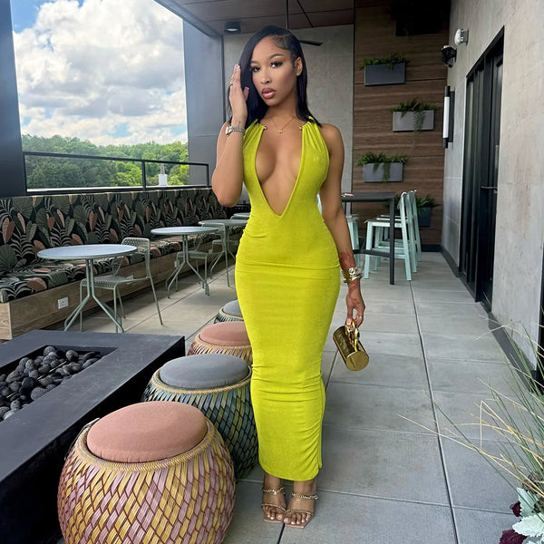 Slim Elegant Long Dress Solid Color Summer Casual Resort Style Beach Dress Halterneck V-neck Pullover Elastic Waist Long Dresses