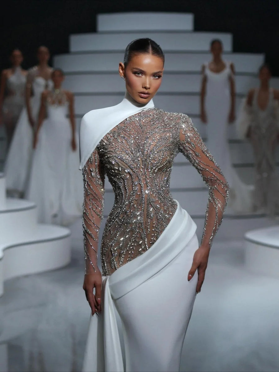 Silver Embroidery Crystal Wedding Dress Stunning Satin Mermaid Long Bridal Gown New Customized Exquisite Dresses For Bride