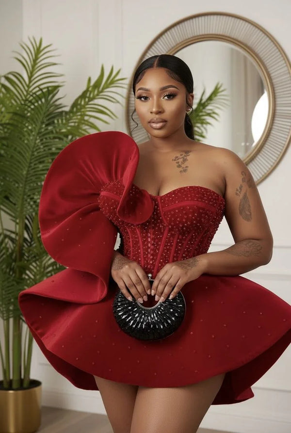 Aso Ebi Short A-line Crystal Bow Cocktail Dress African Women Sweetheart Formal Occasion Birthday Party Prom Dress Customized