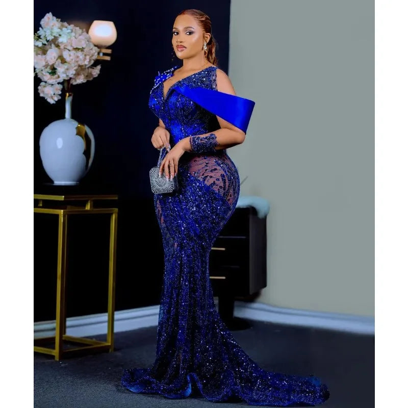 Royal Blue Aso Ebi Prom Dress Luxury Sequin Mermaid Gown Satin Drape Detail Beaded Formal Evening Dress Wedding Guest Customized