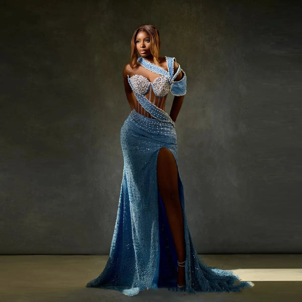 Sky Blue Pearls Prom Dress Long Mermaid Beaded Evening Dresses Elegant Sweetheart Formal Gown Corset Lace Up Back