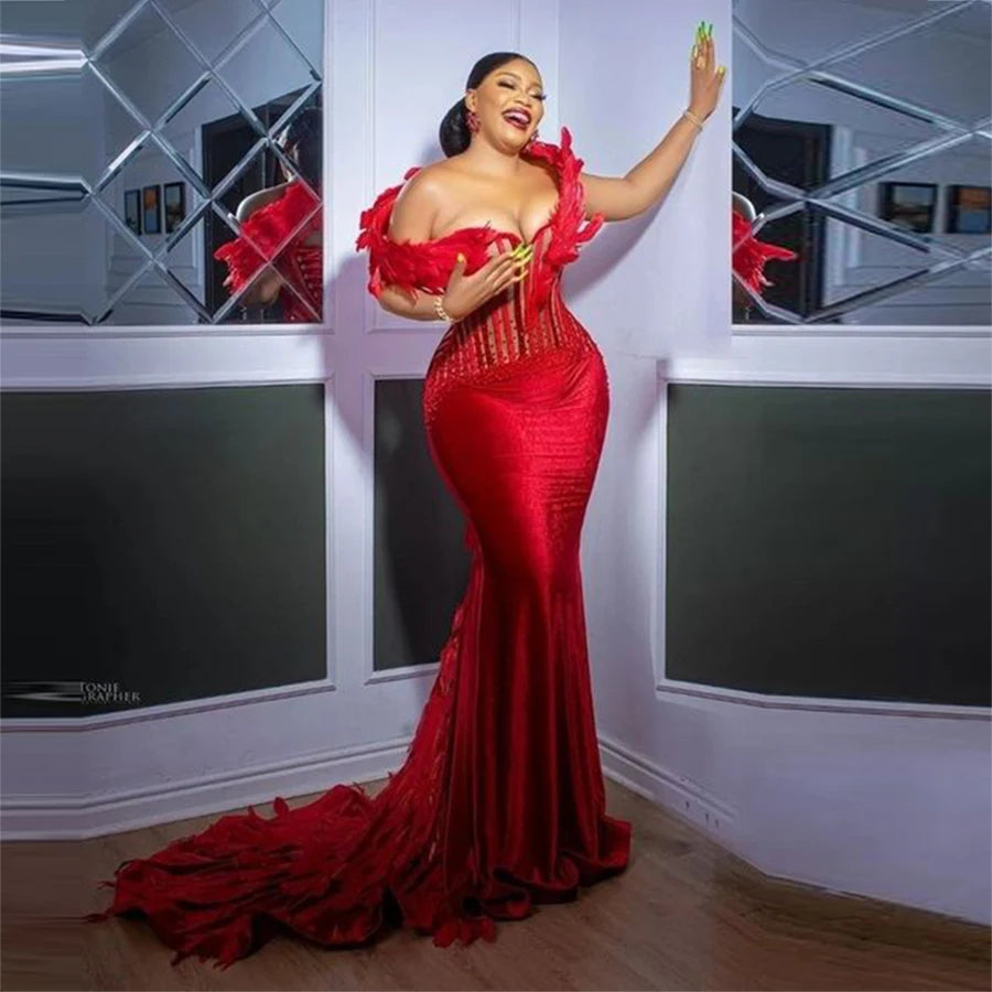 Sexy Off The Shoulder Mermaid Prom Dresses Lace Up Back Feather Sweep Train Evening Gowns Aso Ebi Women Formal Ocaasion Dress