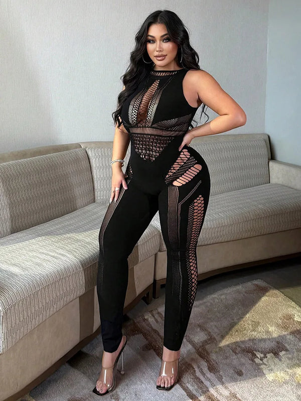 Dress Tight Hollowed Out Embroidered Long Sleeved Jumpsuit Elegant Art Gallery Night Party  Woman Summer Jumpsuit