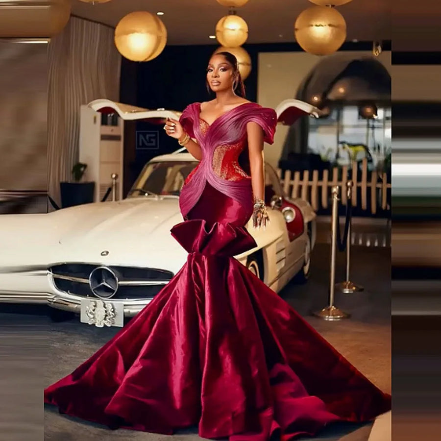 Burgundy Mermaid Prom Dresses Sexy Pleats Long Sexy African Women Evening Dress Black girls Dance Celebrity Party Gowns