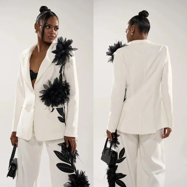 Formal Occasion Women Jacket Suits Ladies Hand Made Flowers Flared Pants Prom Birthday Party Evening 2 Pieces