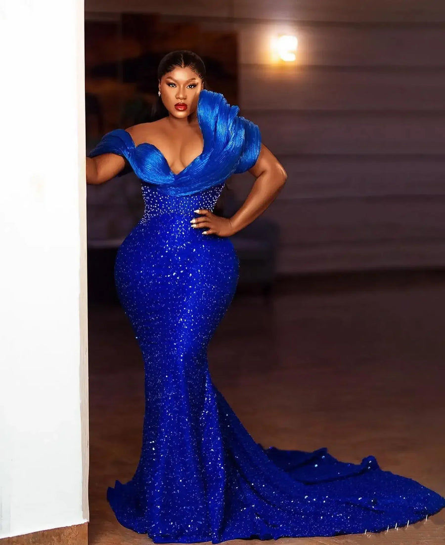 Elegant Royal Blue Beaded Evening Dresses Long Formal Occasions Black Women Mermaid Gowns Long Sequined Party Dress Ruffled