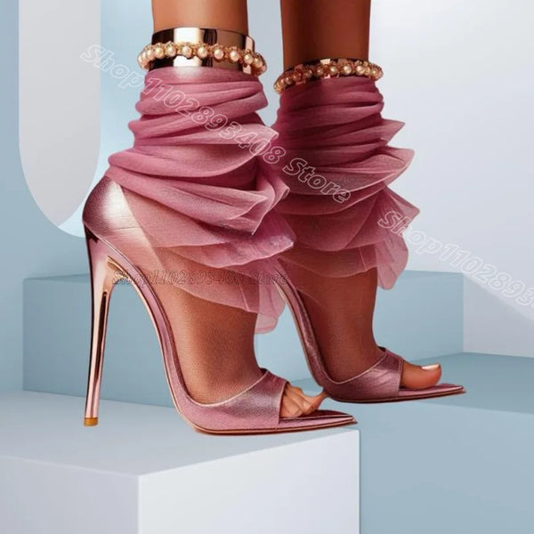Purple Lace Rivet Decor Sandal Boots Stiletto Open Toe Back Zipper British Style Women Party Dress Shoes Zapatos Para Mujere