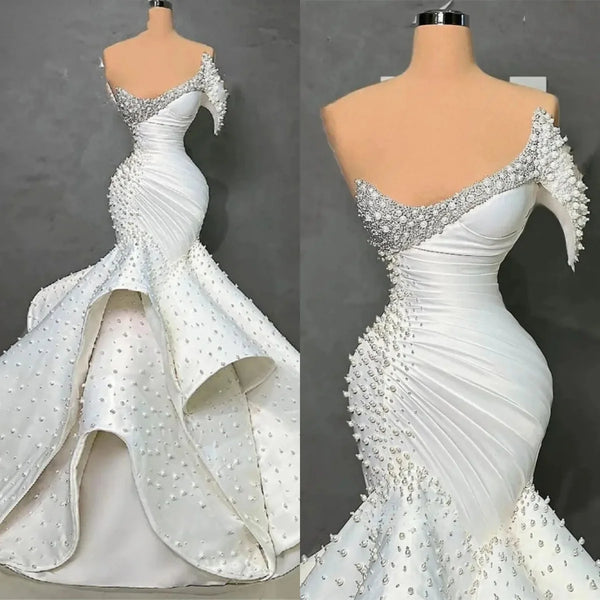 Elegant Pearl Mermaid Wedding Dress Beaded Strapless Sleeveless Luxury Bride Gowns Tiered Sweep Train Bridal Dresses Customized