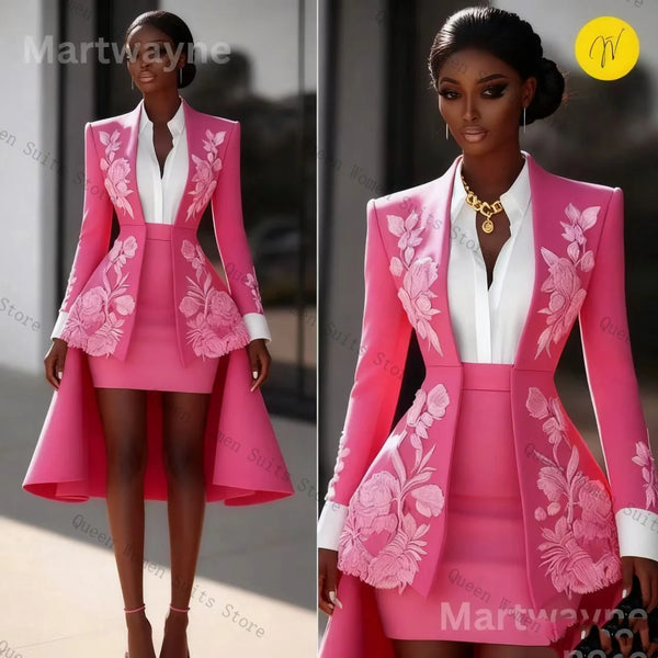 Pink Women Suit Pants Set 2 Pcs Blazer+Prom Dress Overskirt Appliqued Formal Office Lady Jacket Wedding Prom Coat Customized