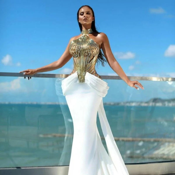 White Mermaid Evening Dresses Long Sleeveless Halter Elegant Wedding Party Custom Gowns Vestidos De Noche