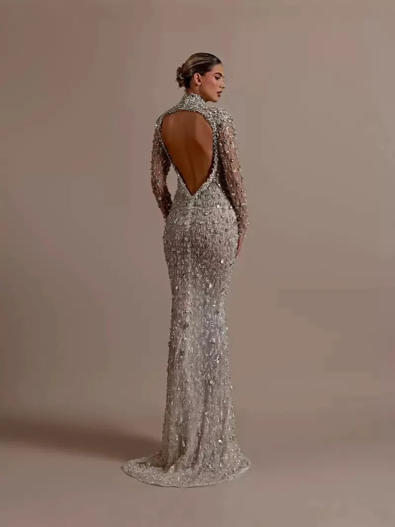 Luxurious Crystal Evening Dresses Customized Sexy Beaded Full Sleeve Prom Dress Rhinestones Floor Length Backless Party Gown