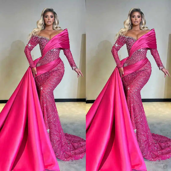 Gorgeous Mermaid Evening Dress Off Shoulder Sequined Crystal Prom Gowns Sparkly Beaded Floor-Length Party Dresses Customized