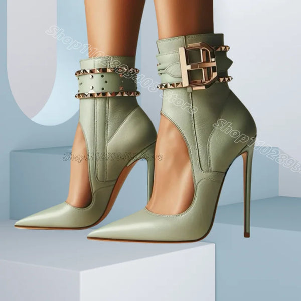 Green Rivet Decor Hollow Sandal Boots Stiletto Heels British Style Design for Women Party Dress Sandals 2025 Zapatos Para Mujere