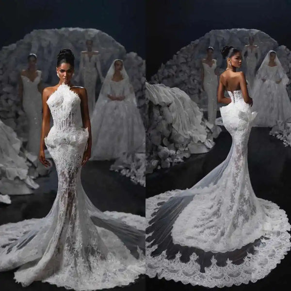 Vintage Strapless Lace Wedding Dress Sexy Appliques Sleeveless Bridal Dress Lace Up Sweep Train Customized vestidos de novia