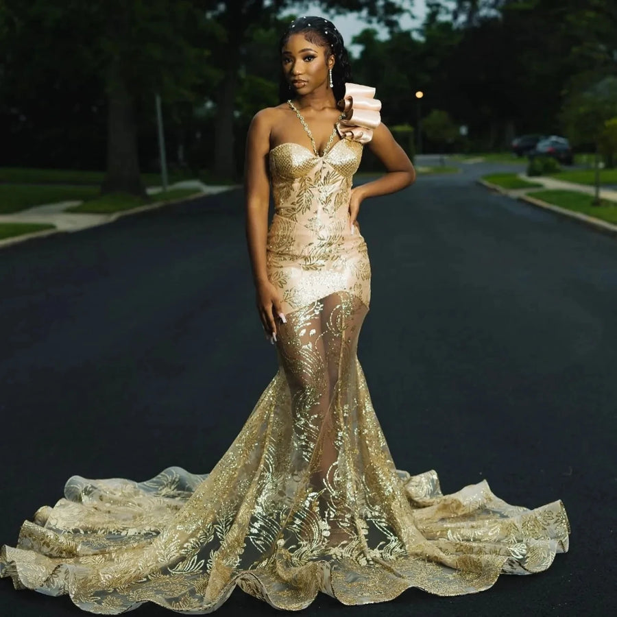 Black Girls Birthday Party Vestidos Sweetheart Bow See Through Sexy Mermaid Evening Dress Aso Ebi Lace Prom Dresses