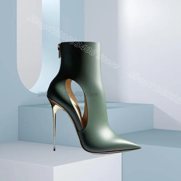 Green Hollow Pointed Toe Short Boots Stiletto Back Zipper British Style Women Stylish Dress Boots 2025 Zapatos Para Mujere