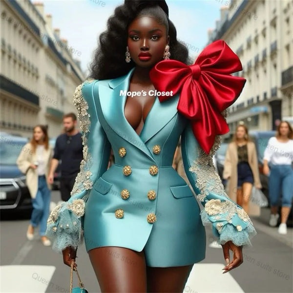 Blue Satin Women Suit 1 Pcs Bow Blazer Skirt Appliqued Customized Formal Office Lady Jacket Wedding Prom Double Breasted Coat