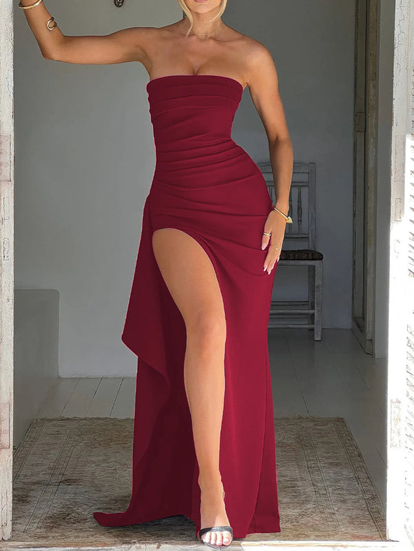 spring new elegant temperament solid color strapless shoulder tight waist high slit little dress dress