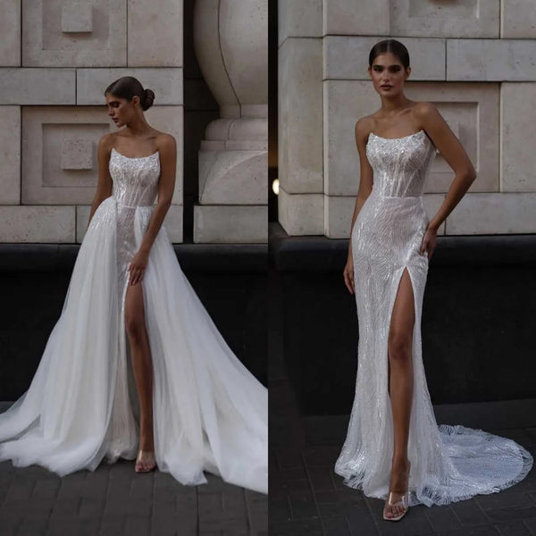 Mermaid Wedding Dress Wrap Strapless Sleeveless Sequins Bride Gowns Detachable Sweep Train Bridal Dresses Customized