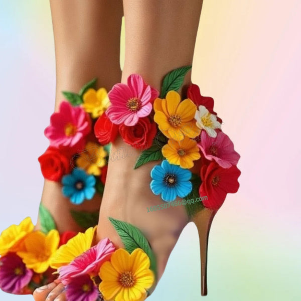 Mixed Color Flower Decor Sandals Heels Cut Side Round Toe Thin High Shoes for Women Wedding Shoes 2025 Zapatillas Mujer