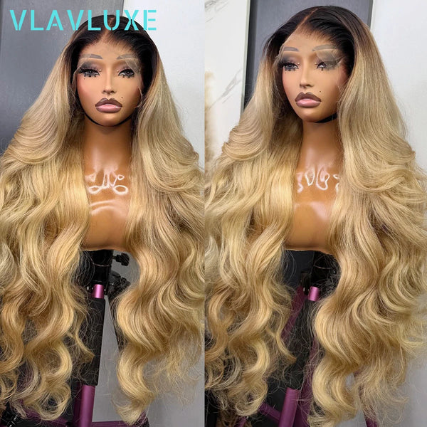 Ombre 30 Inch Body Wave 400 Density Rooted Glueless Wigs 100% Human Hair 13x6 HD Lace Front Brazilian Remy Human Hair Curly Wigs
