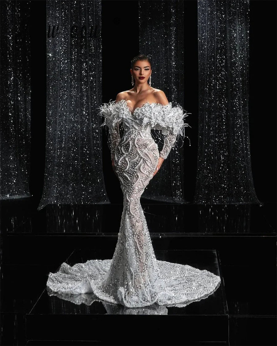 Sexy Pearls Beading Mermaid Wedding Dress Glitter Sequined Long Sleeve Bridal Gown Feather Train Bride Dresses Customized