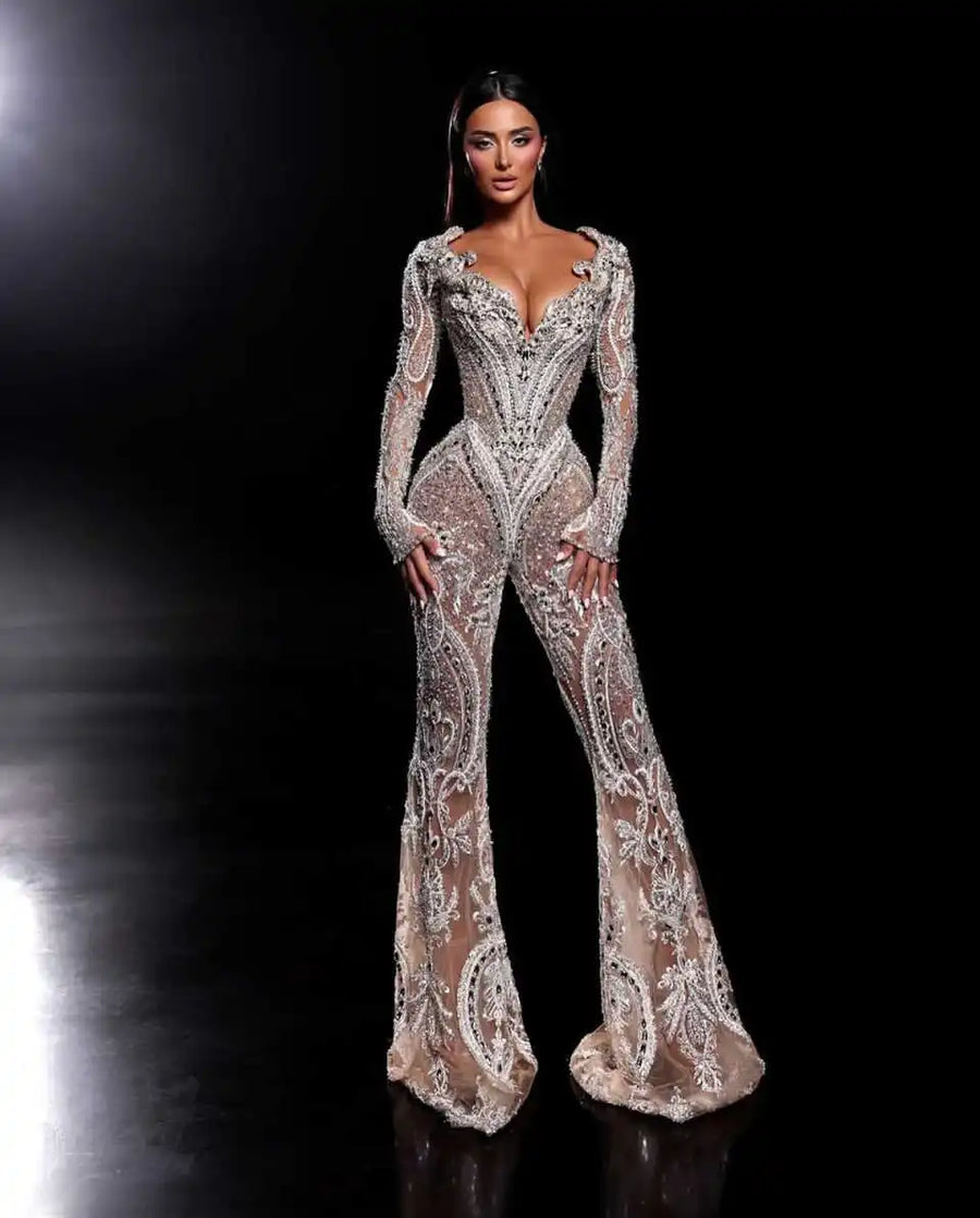 Luxurious V Neck Prom Dresses Long Sleeve Lace Crystal Evening Dress Flare Pants Jumpsuits Celebrity Party Gown
